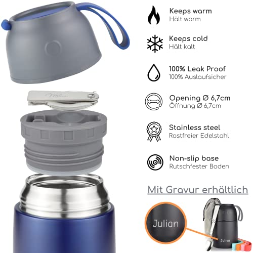 Image of Milu Thermal Container for Food 450 ml, Stainless Steel Warming Container with Spoon, Thermal Mug Food, Thermal Lunch Box for Children, Adults, Thermal Box Soups, Baby Porridge, Food Container Navy