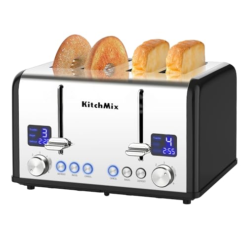 tostador de 4 rebanadas, KitchMix Bagel tostador de acero inoxidable con temporizador LCD, ranuras extra anchas, visualización doble, bandeja de extracción de migas (negro)