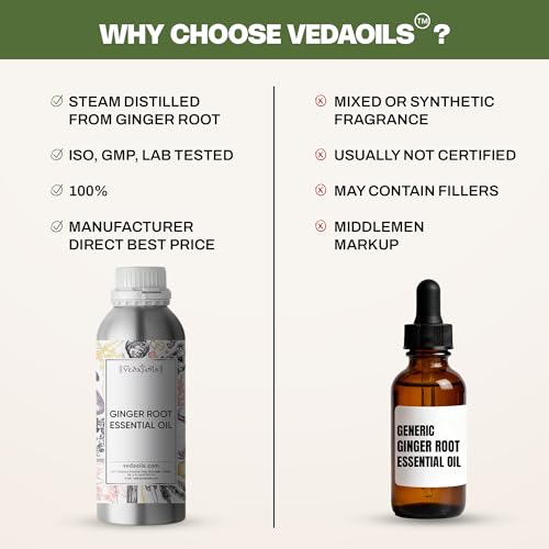 Image of VedaOils Ginger Essential Oil 100ml | 100% Pure, Natural & Undiluted | Ginger Oil for Weight Loss Belly Fat, Fat Loss & Pain Relief Massage | For Hair Growth, Skin Care & Aromatherapy