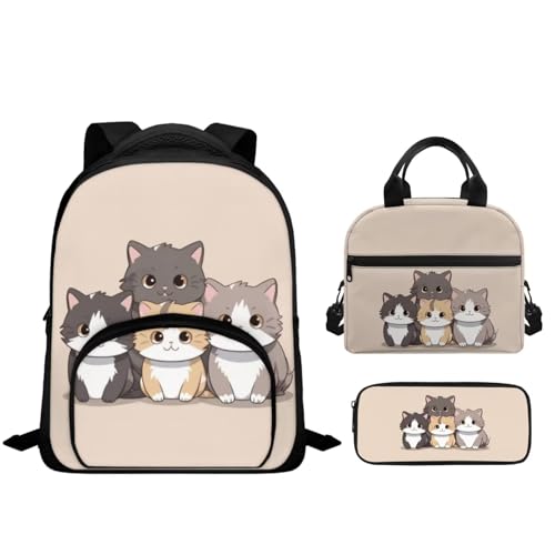 Uppodwarkid Conjunto de mochila escolar para meninas, meninos, crianças, com lancheira e estojo de lápis moderno de 30 cm, conjunto 3 em 1, Adorável gato, One Size, Mochilas Daypack