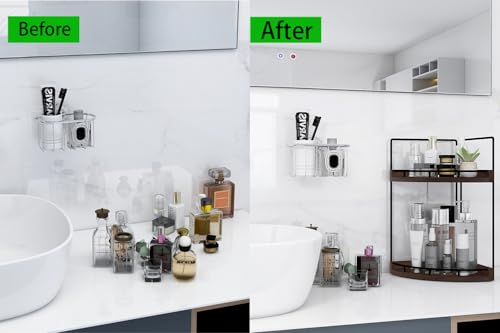 Image of Dorhors 2-Tier Bathroom Counter Organizer,Vanity Counter Corner Shelf, Skincare, Wood Countertop Bathroom Storage and Organization for Kitchen (Walnut)