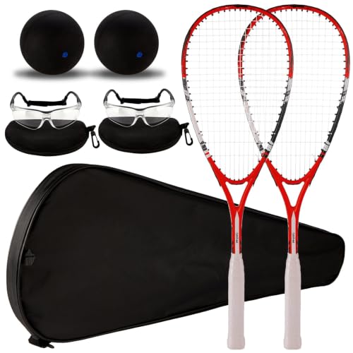 Conderyang 2 Pack Beginner Squash Racquet Set Includes Racquets with Racket Bags Anti Fog Goggles Cases Blue Dot Ball Indoor Gym Sports for Beginners Novice Training Recreational Play (Red)