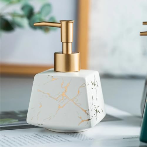 Image of Luxury Ceramic Soap Dispenser (Luxe White) - 300 ml Matte Glazed with Gold Marbling Triangular Refillable Lotion & Handwash Pump Bottle for Bathroom, Kitchen Sink & Wash Basin Decor