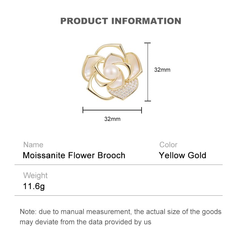 Image of Stunning 14K Gold Moissanite Camellia Brooch,With Openwork Design and Pearl Embellishments ,Ideal Shawl Buckle Accessory & Beautiful Gift