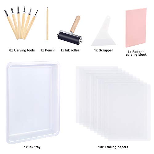 Sntieecr 21 Pieces Block Printing Starter Tool Kit Rubber Stamp Making Kit with Stamp Block, Ink Roller, Carving Tools, Tracing Papers and Ink Mixing Tray for Stamp Carving and Printmaking - Thumbnail 2