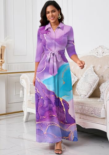 Image of Rumwind Maxi Dresses for Women, 3 /4 Sleeve Shirt Collar Casual Afircan Print Church Dress Button Down with Belt and Pockets