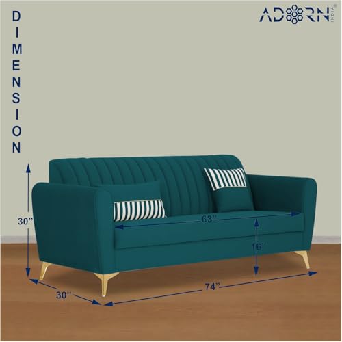 Image of Adorn India Premium Luster 3 Seater | Velvet Suede Fabric | 3-Year Warranty | Color Ocean Blue with Golden Legs & Striped Pattern Cushion
