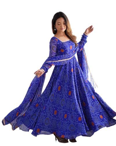 Shiv Collection Indian Style Pure Soft Chiffon Bandhej Fully Flair Gown Set for Women ready to wear