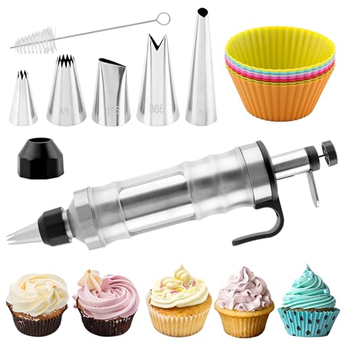Professional Cake Decorating Set - 6 Stainless Steel Nozzles & 7 Silicone Muffin Cups, Reusable Icing Dispenser for Baking, Cookie, & Bread Decorating