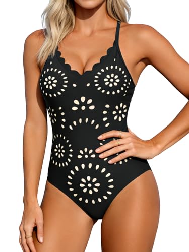 Aidonger Women's One Piece Swimsuit Tummy Control Petal Cutout Bathing Suit Modest Scalloped V Neck Swimwear Black