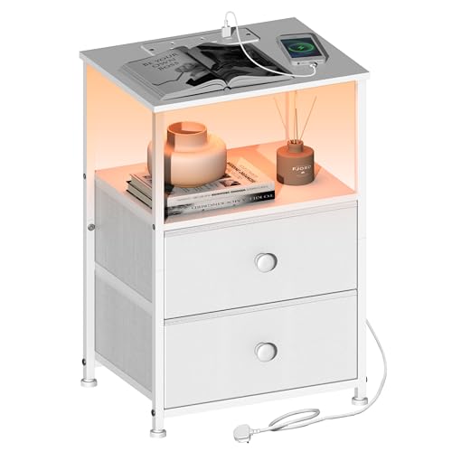 VEDECASA Bedside Table with Charging Station White End Table with LED Light and 2 Fabric Drawers Modern White Nightstand Cabinet for Bedroom Living Room Sofa Couch