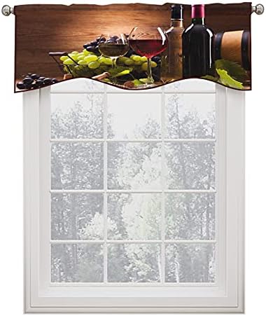 Cameon Wine Scalloped Window Valance Curtains, 36 x 18 Inch Glasses of Red and White Served with Grapes, Thermal Insulated Rod Pocket Short Curtain for Kitchen, Brown Ruby, (W36 L18 Inch, K91 H46cm)
