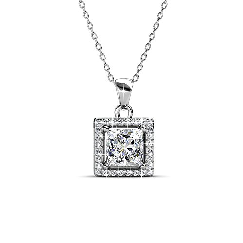 Cate & Chloe Ekatrina Pure Pendant Necklace, Women's 18k White Gold Plated Halo Necklace with Sparkling Square Cut Solitaire Crystal Center Stone, Silver Necklace for Women