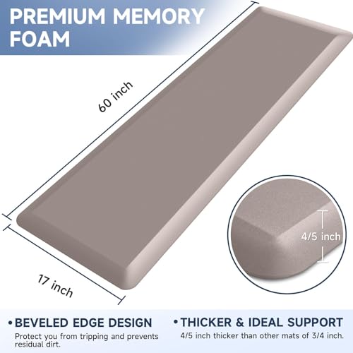 Image of 4 /5 Inch Thick Kitchen Mat Anti Fatigue Mat Kitchen Rugs Kitchen Decor Non-Slip, Stain & Water Resistant, Kitchen Mats Desk Mat for Kitchen, Office, Workshop, Khaki, 17'' x 60''