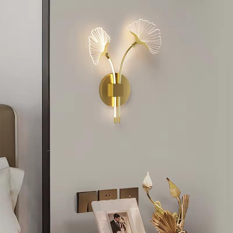 Image of Modern LED Wall Sconce Light, Dual Ginkgo Leaf Design, Metal Base with Three Colour Illumination (Warm White, Natural White, Cool White), Indoor Decorative Lighting|Gold