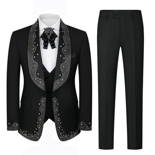 Mens Luxury Rhinestone 3 Pieces Suit Slim Fit Single Breasted Blazer Jacket Vest Pants Set for Prom,Party,Dinner