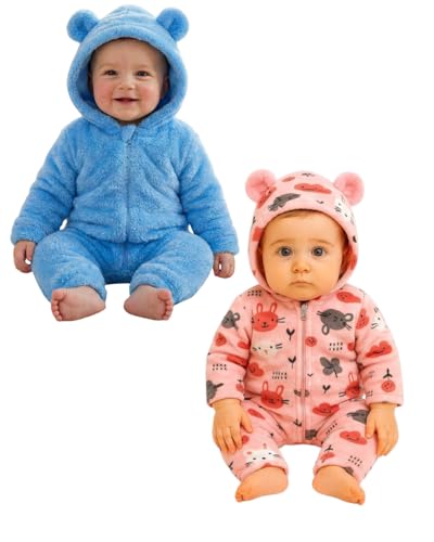 Image of BABYZONE Fluffy Fleece Baby Romper - Hooded Bear Ear Winter Jumpsuit for Boys & Girls