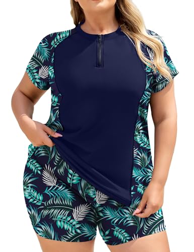 Plus Size Two Piece Rash Guard Women Swimsuit with Bra – Green Leaf Print, 2XL