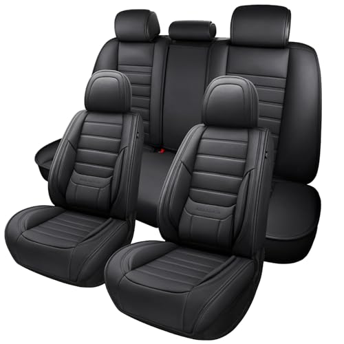Image of MINGBRON Black Car Seat Cover with Lumbar Support, Car Seat Protector Waterproof, Nappa Leather Car Seat Cushion, Car Seat Covers Front Seats and Back Fit for Most Cars