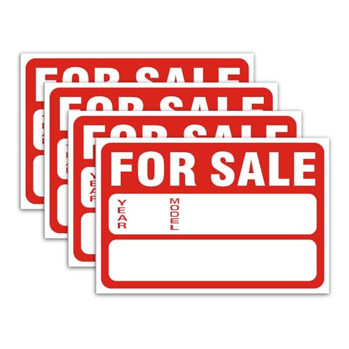 Image of 4 Pack For Sale Sign Car Sticker, 12 inch x 8 inch Reflective Vinyl Self-Adhesive Writeable Vehicle Sale Signs with Year Model Price Fields,Waterproof Easy Install Car Window Sticker for Used Car Sales, Auto Dealership (Red)