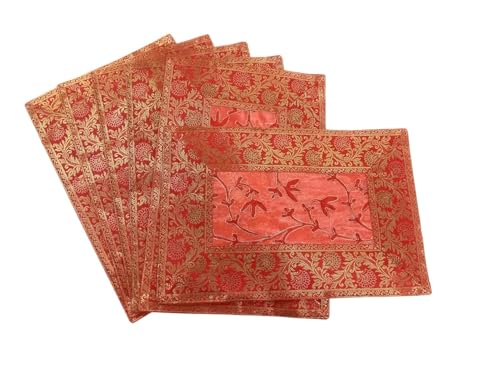 Image of Brocade Silk Placemats for Dinning Table 12 x 18 Inches Hand Embroidered, Set of 6 Decorative Placemats for Home (Orange)