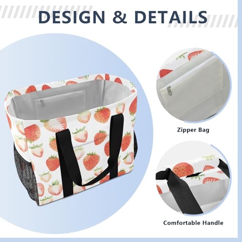 JUNZAN Cute Strawberries Utility Tote Foldable Beach Tote With Compartments Reusable Grocery Shopping Bags Canvas Travel Laundry Bag3