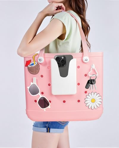 Image of Silicone Phone Holder Compatible with Bogg Bag, Phone Case Holder Charms Accessory for All Bogg Bags and Beach Bag, Phone Holder Attachment for Beach Tote Bags, With 2Pcs Charms & 2Pcs Key Hook(White)