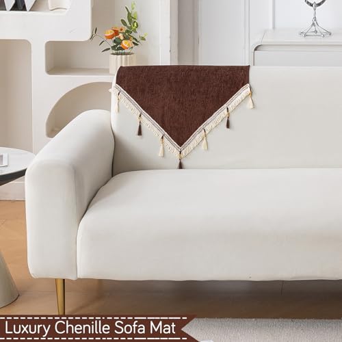 Image of HOKIPO 'Serenity Tassel' Chenille Sofa Back Cover with Tassels - 1 Pc Chestnut Luke (IN-894-BR)