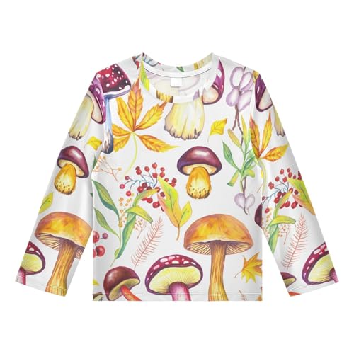 Mushroom Berries Leaves White Rash Guard Shirt for Boys Sun Protection Shirt for Swimming Pool Beach UPF50+ 7-8T