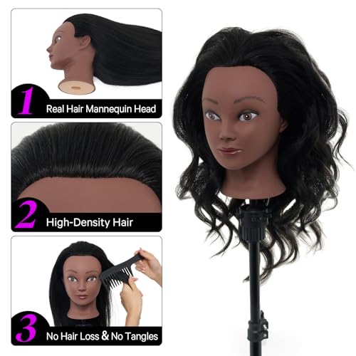 Image of 18 inch 100% Mannequin Head Real Human Hair for Hairdresser | Cosmetology Manikin Doll Head for Hair Styling,Practice Dying, Braiding Curling Training Head with Table Clamp, Black