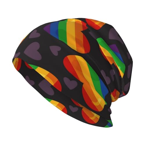 Poadnly LGBT Pride Gay Regenbogen Herz,Skull Cap Strickmütze Polyester Balaclava Slouchy Beanie Mütze Laufmütze