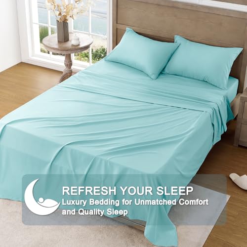 Image of FreshCulture Full Sheet Set - Ultra Soft Sheets Full Size Bed - Brushed Microfiber - Deep Pockets - Easy Care - Cooling & Breathable Sheets - 4 Pieces Hotel Luxury Full Size Bed Sheets (Spa Blue)