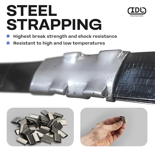 Image of IDL Packaging Round Packages Strapping Kit for 5 /8 inch x 400' Steel Strapping, 1400 lbs Break Strength - Packaging Strapping Solution for Pipes - Enough Strapping and Seals for 200 Uses Before Refill