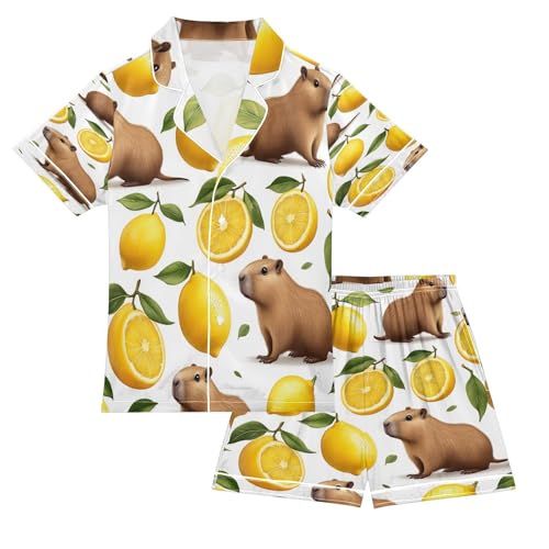 Satin Pajama Sets Short Sleeve Lemon Capybara Summer Button Down Silky Nightwear 2 Piece PJS 5-14Y