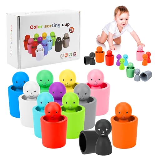 VLUVLA Colour Sorting Toys for Toddlers 12 PCS Wooden Colored Peg Dolls in Cups Preschool Color Matching Toy Color Recognition Playset for Toddlers to Cultivate Cognitive Abilities