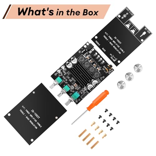 Image of Daakro ZK-1002T Bluetooth Amplifier Board,100W+100W 2.0 Channel Amp Board with Treble /Bass Control,DC 12-24V, Bluetooth and AUX Inputs, Audio Amp Board for Home DIY Wireless Speakers, Password Free