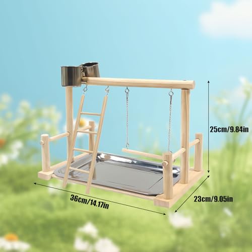 Image of Bird Playground, Natural Wood Bird Perch Stand with Removable Tray and 2 Stainless Steel Feeder Cups, Parrot Playstand Bird Cage Toys for Conure Parakeet Cockatiel Parrot (B)
