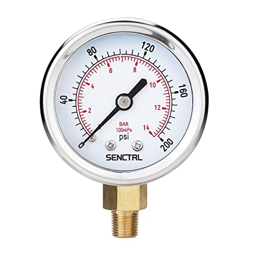 Image of SENCTRL 0-200 psi Pressure Gauge, 2 inch Dial Size, 1 /8 NPT Lower Mount, Anti-Fog, Waterproof, Stainless Steel Case, for Pneumatic Regulator Air Compressor Portable Tank Water Tire Test