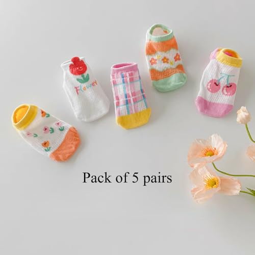 5 Pairs Baby Toddler Invisible Socks Thin Cotton Mesh for Summer, Rainbow Floral Bear Low Cut Socks for Girls Boys3