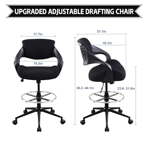 Image of Ergonomic Drafting Chair,Standing Computer Desk Chair,Foot Ring,Lumbar Support,Swivel Task Chair-Black