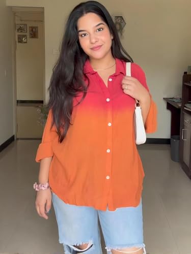 Image of Maaesa Women Handmade Ombre Tie & Dye Rayon Shirt | Relaxed Fit | Lightweight Breathable | Long Sleeve Button-Down | Classic Collar | Casual & Office Wear