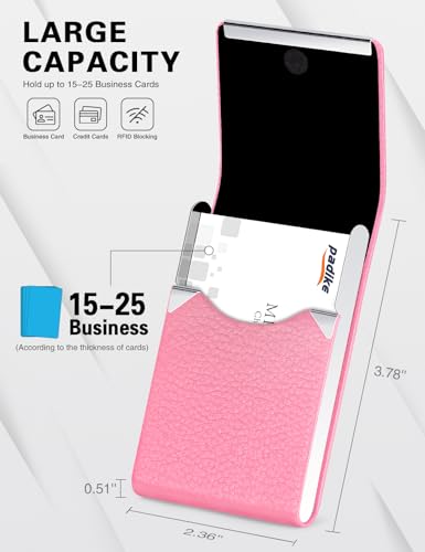 Image of Padike Professional Business Card Holder PU Leather Business Card Case Name Card Holder Slim Metal Pocket Card Holder with Magnetic Shut (Pink)