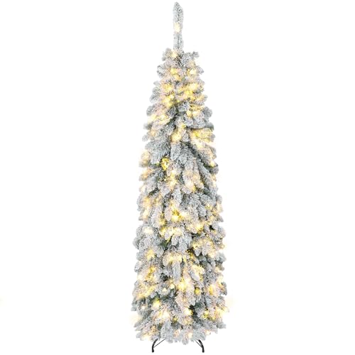 HOMCOM Árvore de Natal Estreita 180 cm, Árvore de Natal Nevada com Luzes LED Bicolores, Temporizador, 11 Modos de Iluminação, 540 Ramos, Suporte de Aço, Fácil de Montar, Verde