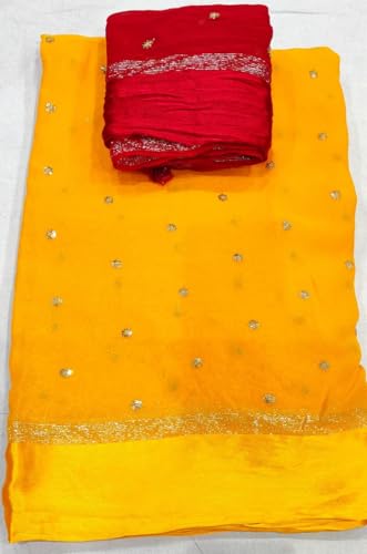Image of Pure Georgette Sequence Work Saree with Contrast Blouse, Satan Patta Fabric
