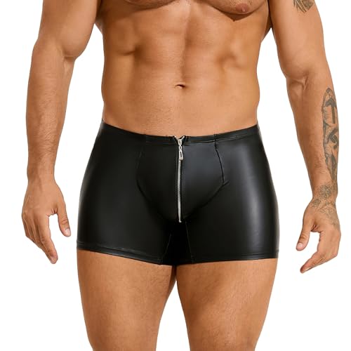sunshinelady Boxershorts Herren Sexy Leder Unterhosen Männer Große Größen Wetlook Shorts Erotische Unterwäsche mit Reißverschluss String Tanga mit Beutel Low Rise Underwear Men Clubwear Schwarz,L