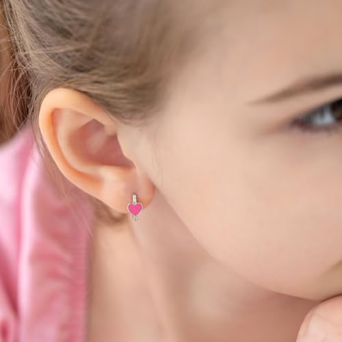 925 Sterling Silver Heart Enamel Huggie Hoop Earrings With Clear CZ - Glimmering Heart Themed Hoops For Toddlers and Little Girls3