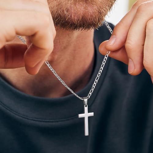 LUXEJEW Cross Necklace for Men - Silver/Gold/Black Stainless Steel Cross Pendant Necklace Figaro Link Chain 16-24 Inches4