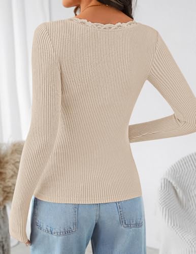 ZESICA Women's Long Sleeve Lace V Neck Shirts 2025 Fall Fashion Slim Fit Tops Ribbed Knit Dressy Business Casual Blouses4