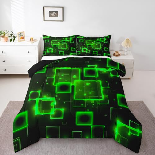 Image of Feelyou Geometric Green Black Comforter Set King Size, Kids Light Honeycomb Bedding Set Geometrics Comforter Abstract Duvet Insert Bed Set 3Pcs
