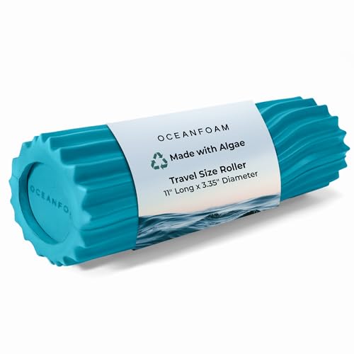 Oceanfoam Ripple Travel Foam Roller (11 x 3.35) Firm Mini Foam Roller for Physical Therapy Deep Tissue Massage Back Pain High Density Ergonomic Wave Textured Yoga Pilate Exercise (Miami Blue)